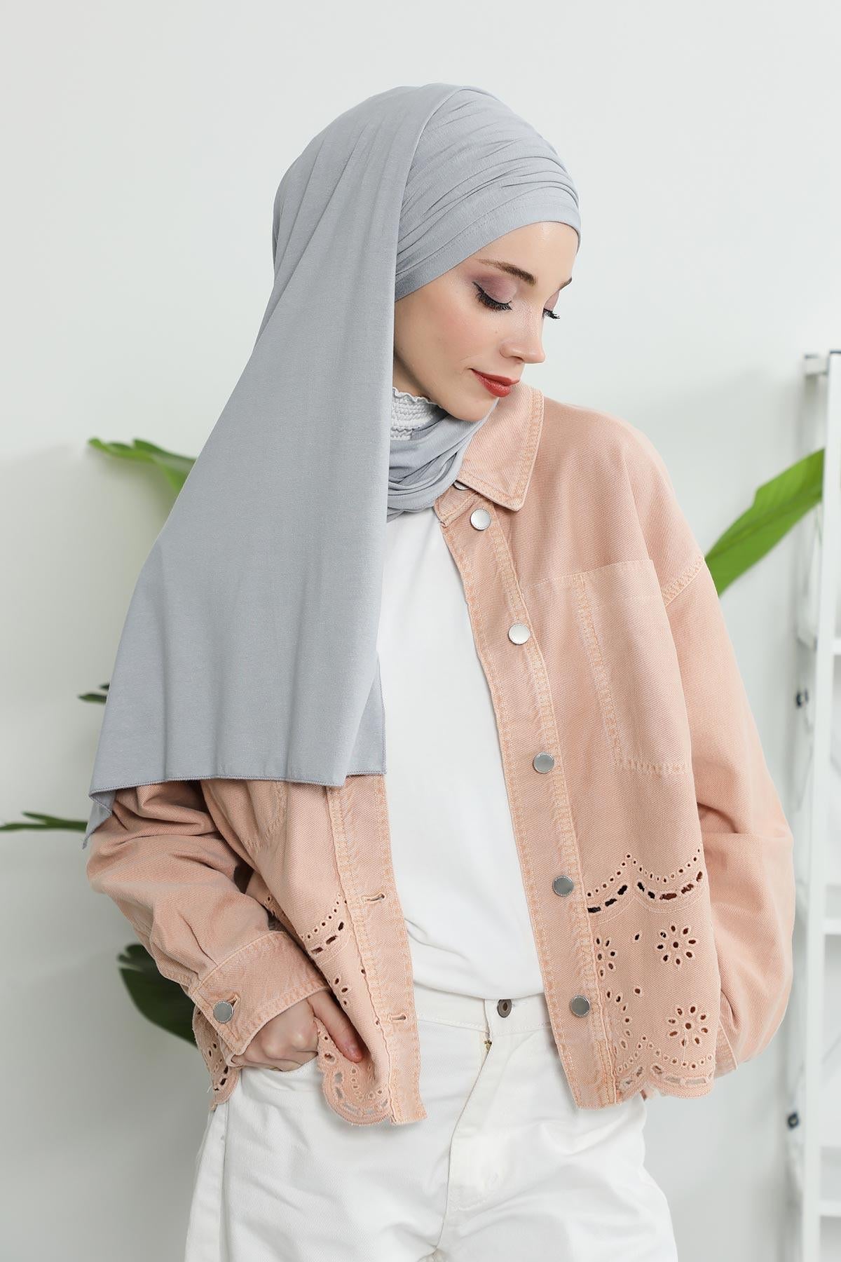 Premium Jersey Shawl Hijab for Women, Easy to Wear Cotton Headscarf, Lightweight and Breathable Instant Jersey Shawl, Mother's Day Gift,BT-1 Grey 2