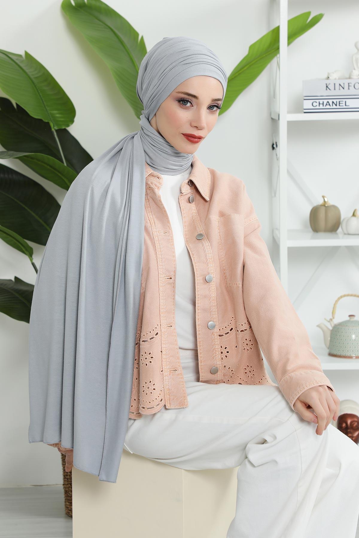 Premium Jersey Shawl Hijab for Women, Easy to Wear Cotton Headscarf, Lightweight and Breathable Instant Jersey Shawl, Mother's Day Gift,BT-1 Grey 2