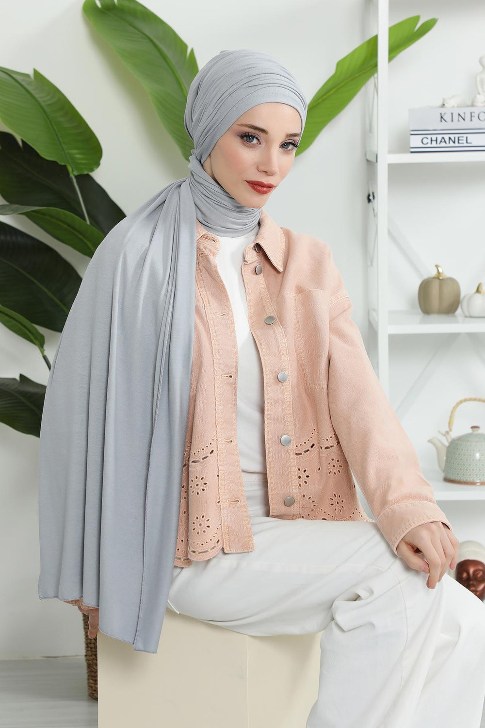 Premium Jersey Shawl Hijab for Women, Easy to Wear Cotton Headscarf, Lightweight and Breathable Instant Jersey Shawl, Mother's Day Gift,BT-1 Grey 2