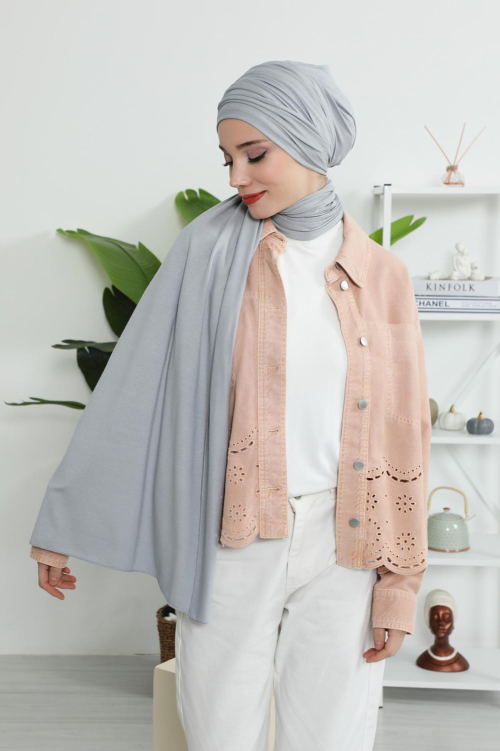 Premium Jersey Shawl Hijab for Women, Easy to Wear Cotton Headscarf, Lightweight and Breathable Instant Jersey Shawl, Mother's Day Gift,BT-1 Grey 2