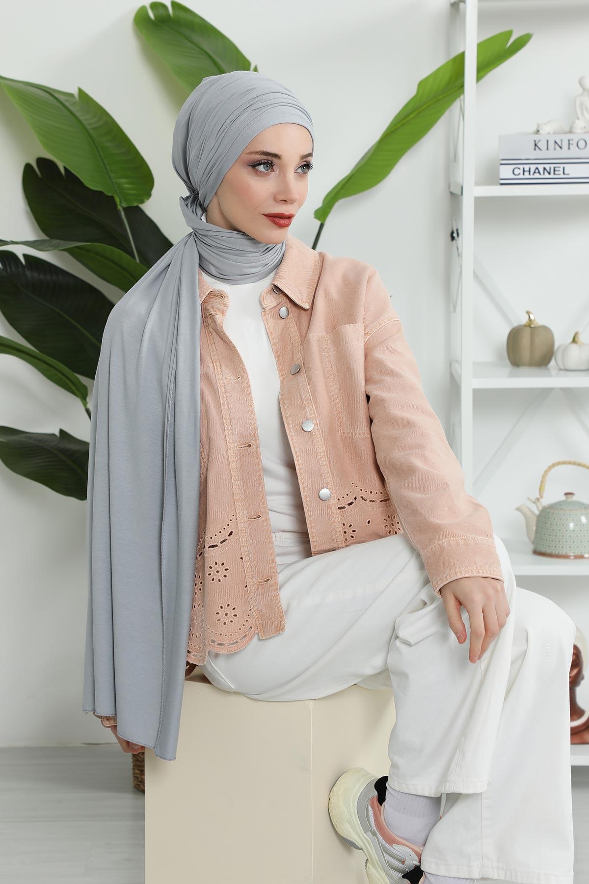 Premium Jersey Shawl Hijab for Women, Easy to Wear Cotton Headscarf, Lightweight and Breathable Instant Jersey Shawl, Mother's Day Gift,BT-1 Grey 2