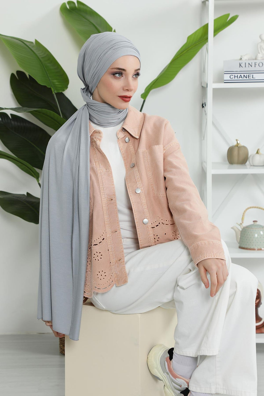 Premium Jersey Shawl Hijab for Women, Easy to Wear Cotton Headscarf, Lightweight and Breathable Instant Jersey Shawl, Mother's Day Gift,BT-1 Grey 2