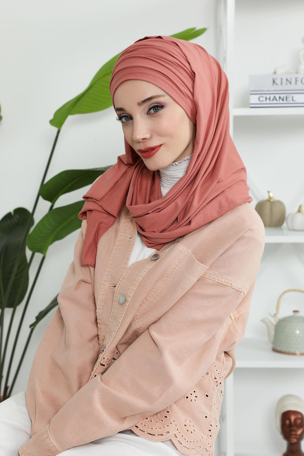 Premium Jersey Shawl Hijab for Women, Easy to Wear Cotton Headscarf, Lightweight and Breathable Instant Jersey Shawl, Mother's Day Gift,BT-1 Salmon