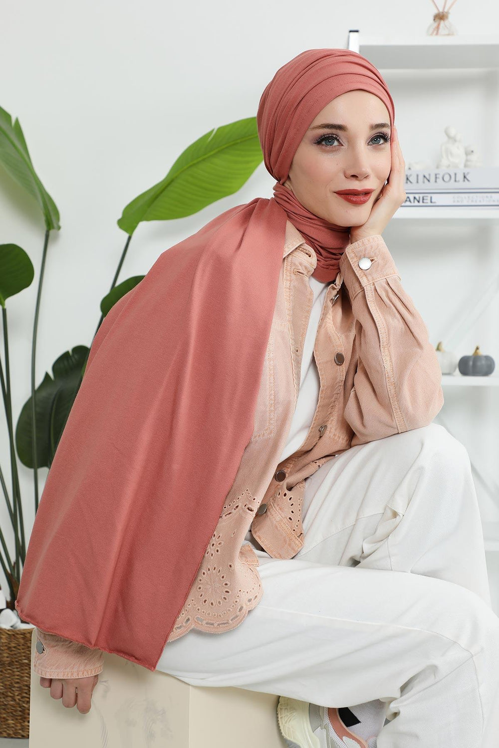 Premium Jersey Shawl Hijab for Women, Easy to Wear Cotton Headscarf, Lightweight and Breathable Instant Jersey Shawl, Mother's Day Gift,BT-1 Salmon