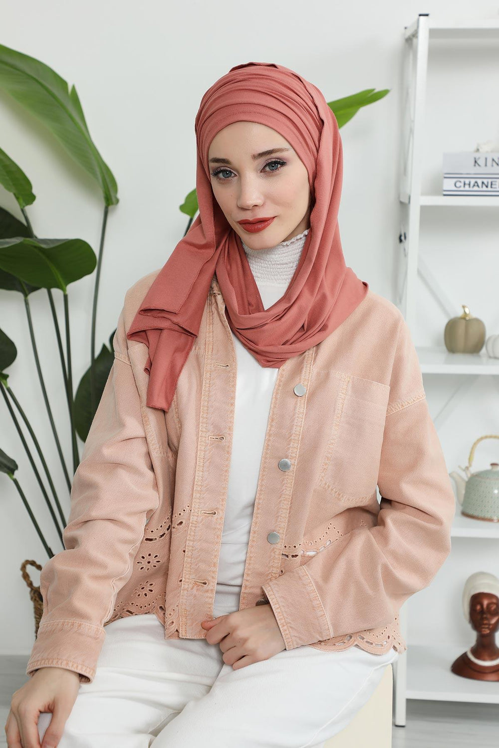 Premium Jersey Shawl Hijab for Women, Easy to Wear Cotton Headscarf, Lightweight and Breathable Instant Jersey Shawl, Mother's Day Gift,BT-1 Salmon