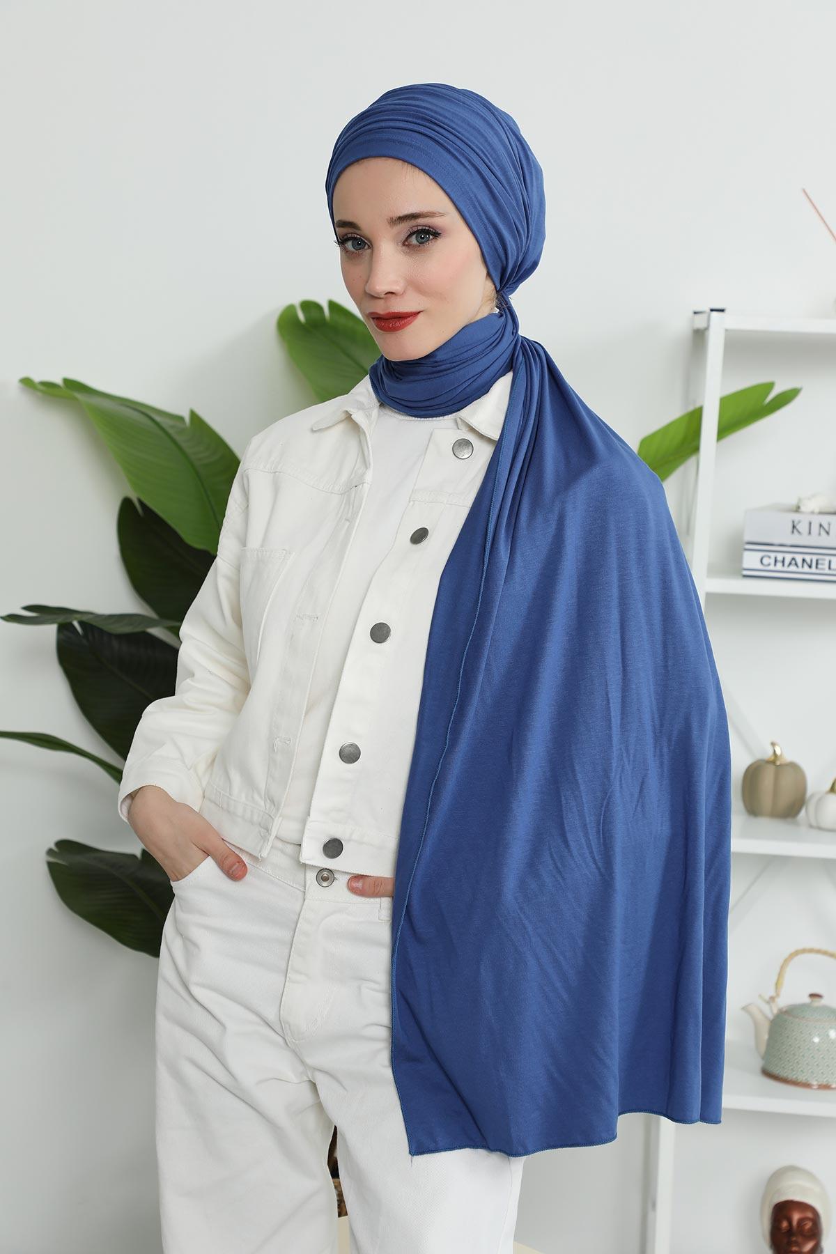Premium Jersey Shawl Hijab for Women, Easy to Wear Cotton Headscarf, Lightweight and Breathable Instant Jersey Shawl, Mother's Day Gift,BT-1 İndigo