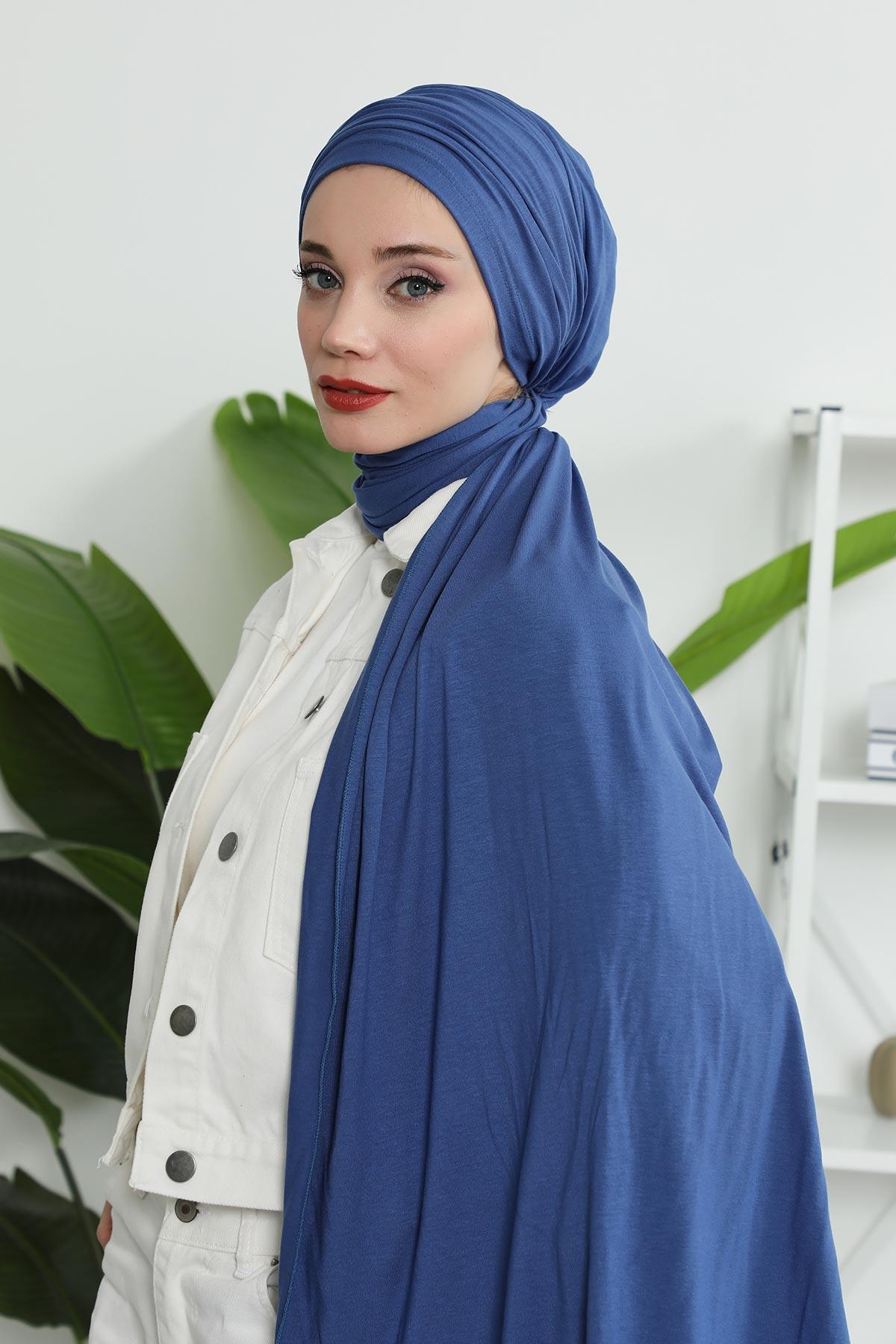 Premium Jersey Shawl Hijab for Women, Easy to Wear Cotton Headscarf, Lightweight and Breathable Instant Jersey Shawl, Mother's Day Gift,BT-1 İndigo