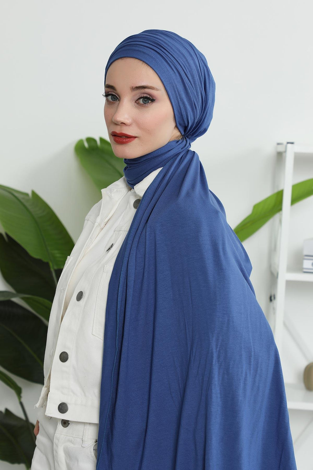 Premium Jersey Shawl Hijab for Women, Easy to Wear Cotton Headscarf, Lightweight and Breathable Instant Jersey Shawl, Mother's Day Gift,BT-1 İndigo