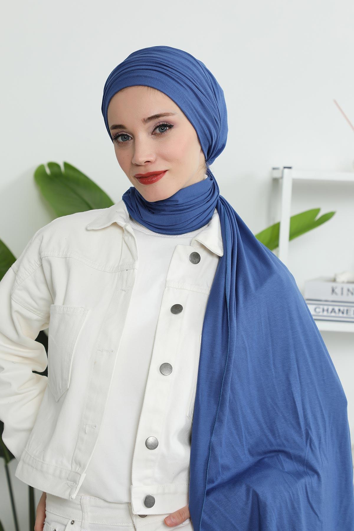 Premium Jersey Shawl Hijab for Women, Easy to Wear Cotton Headscarf, Lightweight and Breathable Instant Jersey Shawl, Mother's Day Gift,BT-1 İndigo