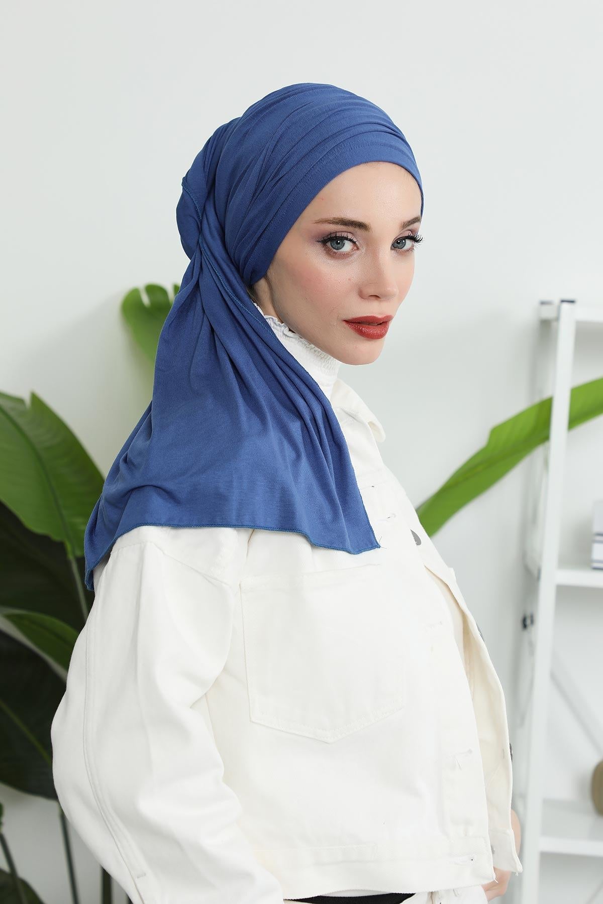 Premium Jersey Shawl Hijab for Women, Easy to Wear Cotton Headscarf, Lightweight and Breathable Instant Jersey Shawl, Mother's Day Gift,BT-1 İndigo