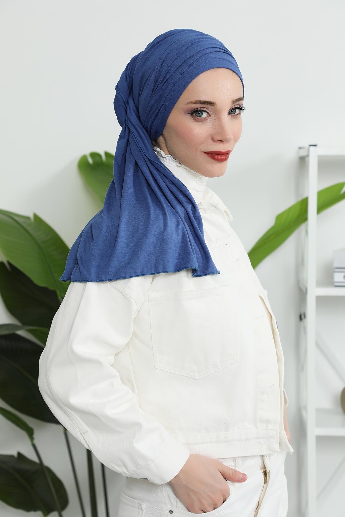 Premium Jersey Shawl Hijab for Women, Easy to Wear Cotton Headscarf, Lightweight and Breathable Instant Jersey Shawl, Mother's Day Gift,BT-1 İndigo