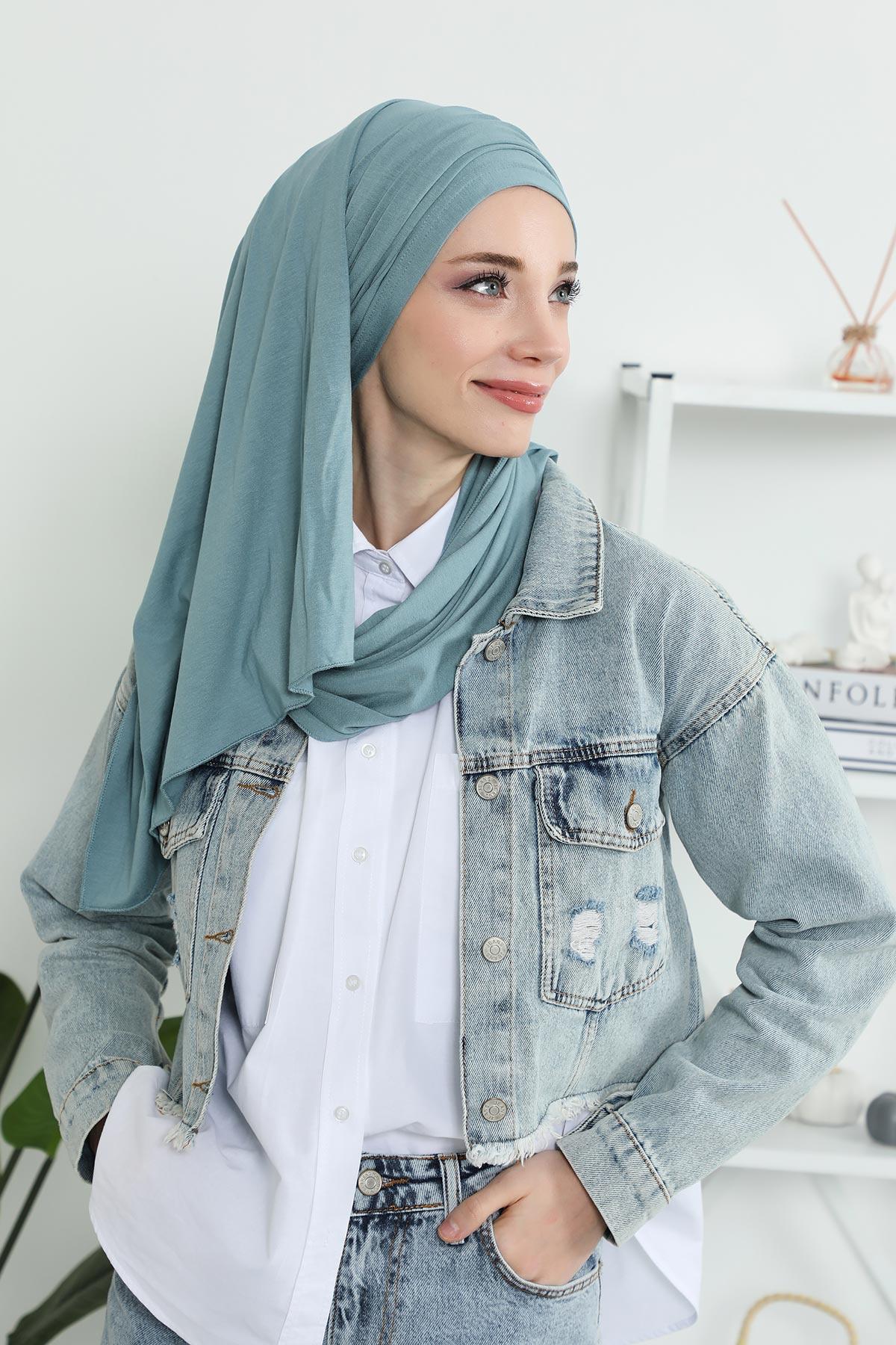 Premium Jersey Shawl Hijab for Women, Easy to Wear Cotton Headscarf, Lightweight and Breathable Instant Jersey Shawl, Mother's Day Gift,BT-1 Dark Mint