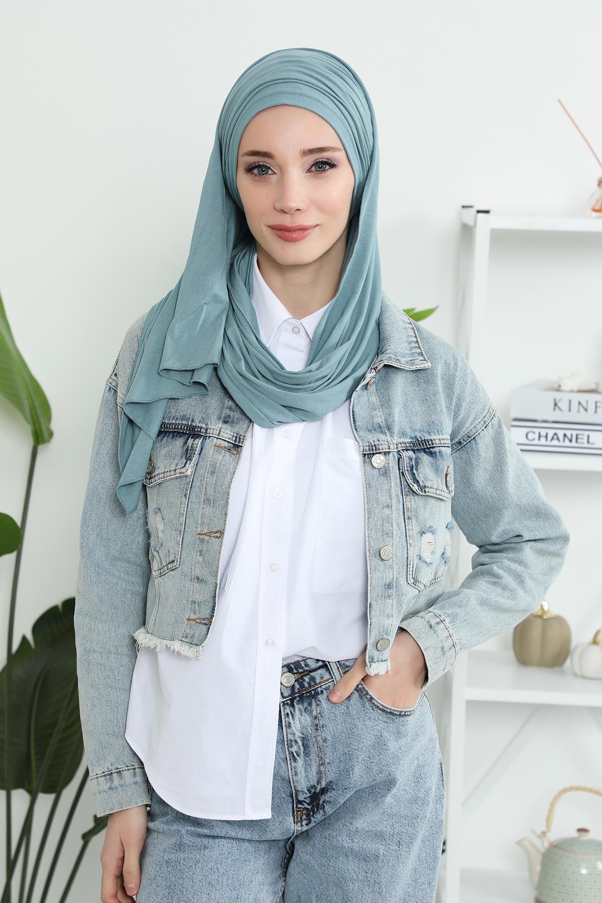 Premium Jersey Shawl Hijab for Women, Easy to Wear Cotton Headscarf, Lightweight and Breathable Instant Jersey Shawl, Mother's Day Gift,BT-1 Dark Mint