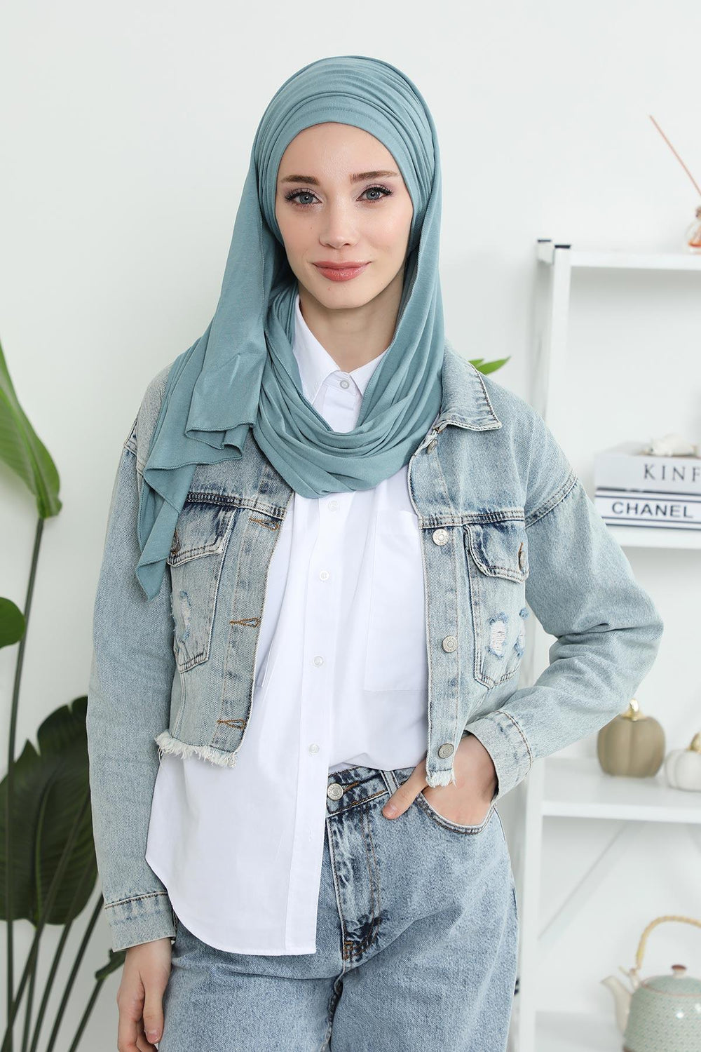 Premium Jersey Shawl Hijab for Women, Easy to Wear Cotton Headscarf, Lightweight and Breathable Instant Jersey Shawl, Mother's Day Gift,BT-1 Dark Mint