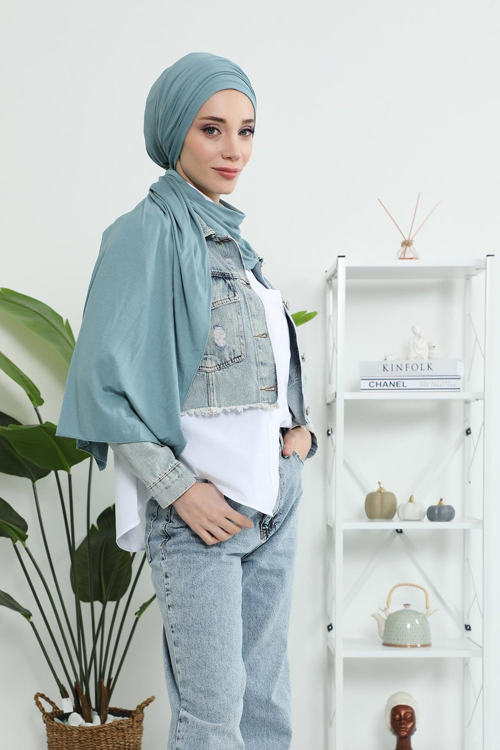 Premium Jersey Shawl Hijab for Women, Easy to Wear Cotton Headscarf, Lightweight and Breathable Instant Jersey Shawl, Mother's Day Gift,BT-1 Dark Mint