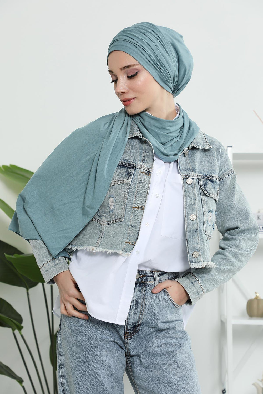 Premium Jersey Shawl Hijab for Women, Easy to Wear Cotton Headscarf, Lightweight and Breathable Instant Jersey Shawl, Mother's Day Gift,BT-1 Dark Mint