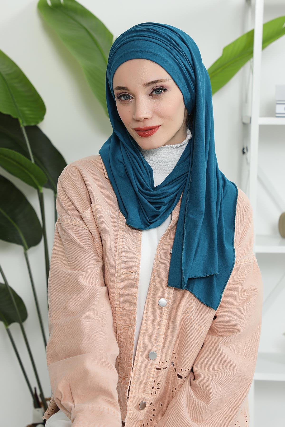 Premium Jersey Shawl Hijab for Women, Easy to Wear Cotton Headscarf, Lightweight and Breathable Instant Jersey Shawl, Mother's Day Gift,BT-1 Petrol Blue