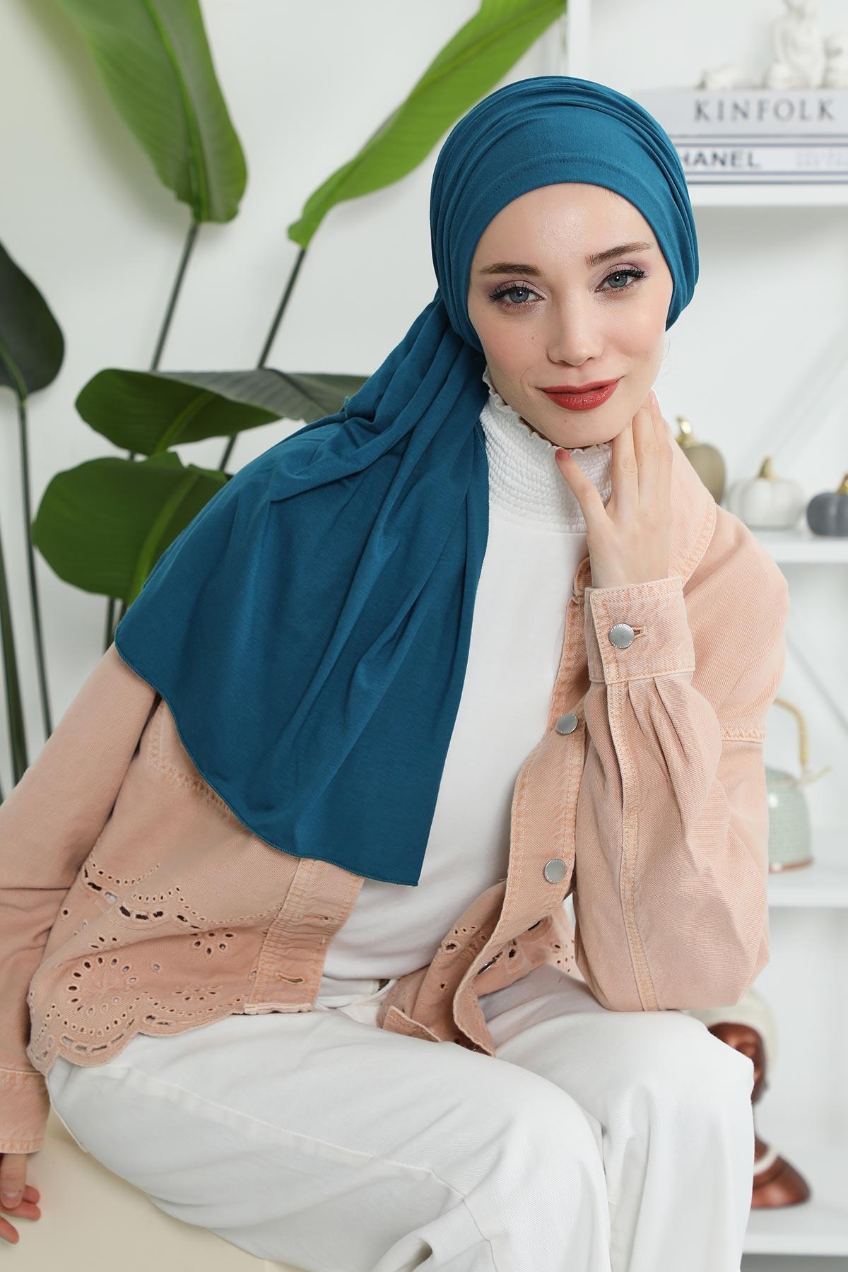 Premium Jersey Shawl Hijab for Women, Easy to Wear Cotton Headscarf, Lightweight and Breathable Instant Jersey Shawl, Mother's Day Gift,BT-1 Petrol Blue