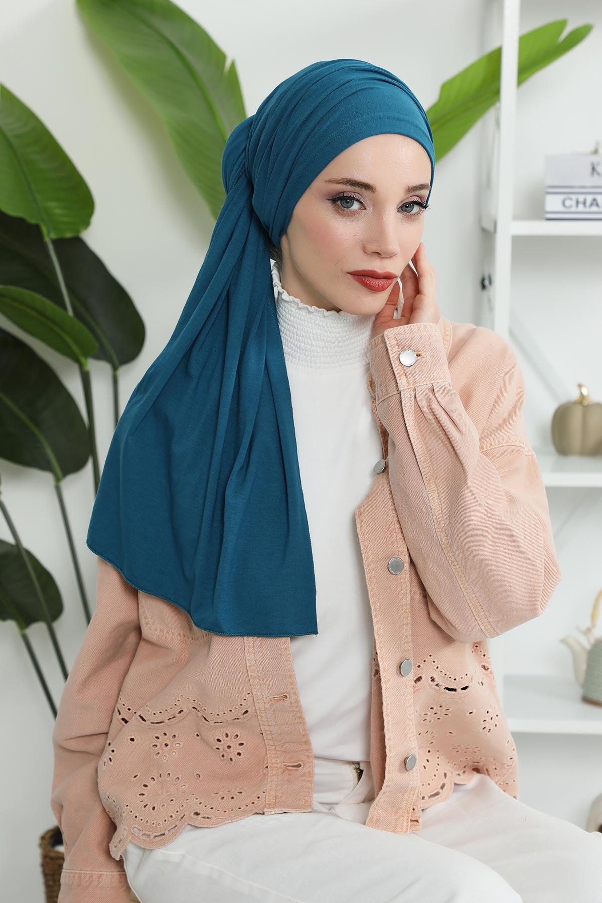 Premium Jersey Shawl Hijab for Women, Easy to Wear Cotton Headscarf, Lightweight and Breathable Instant Jersey Shawl, Mother's Day Gift,BT-1 Petrol Blue