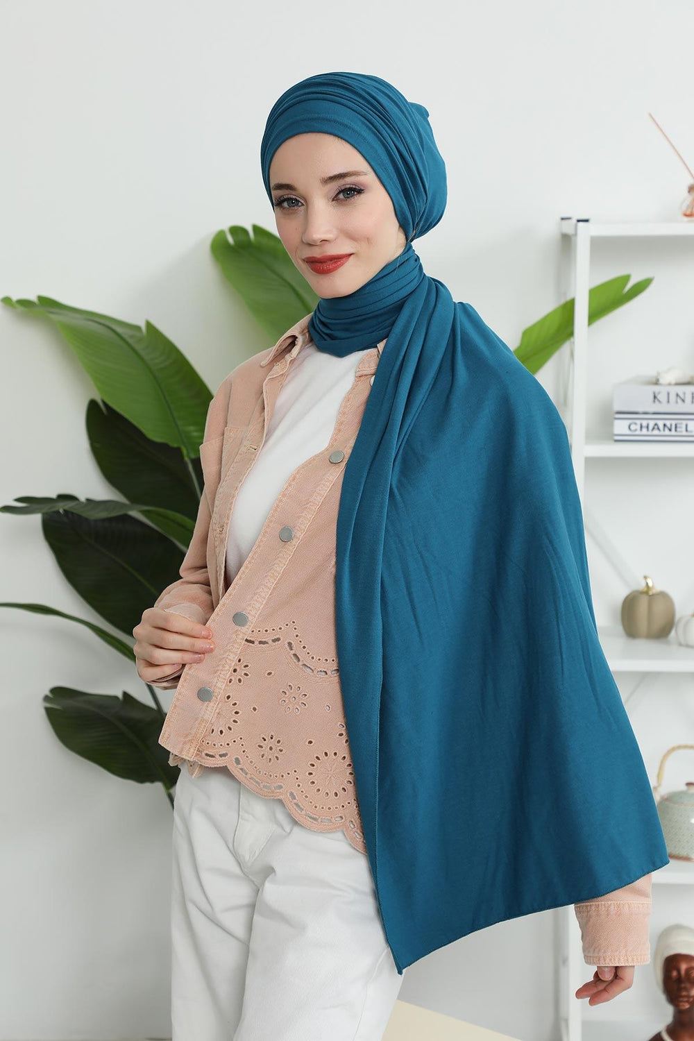 Premium Jersey Shawl Hijab for Women, Easy to Wear Cotton Headscarf, Lightweight and Breathable Instant Jersey Shawl, Mother's Day Gift,BT-1 Petrol Blue