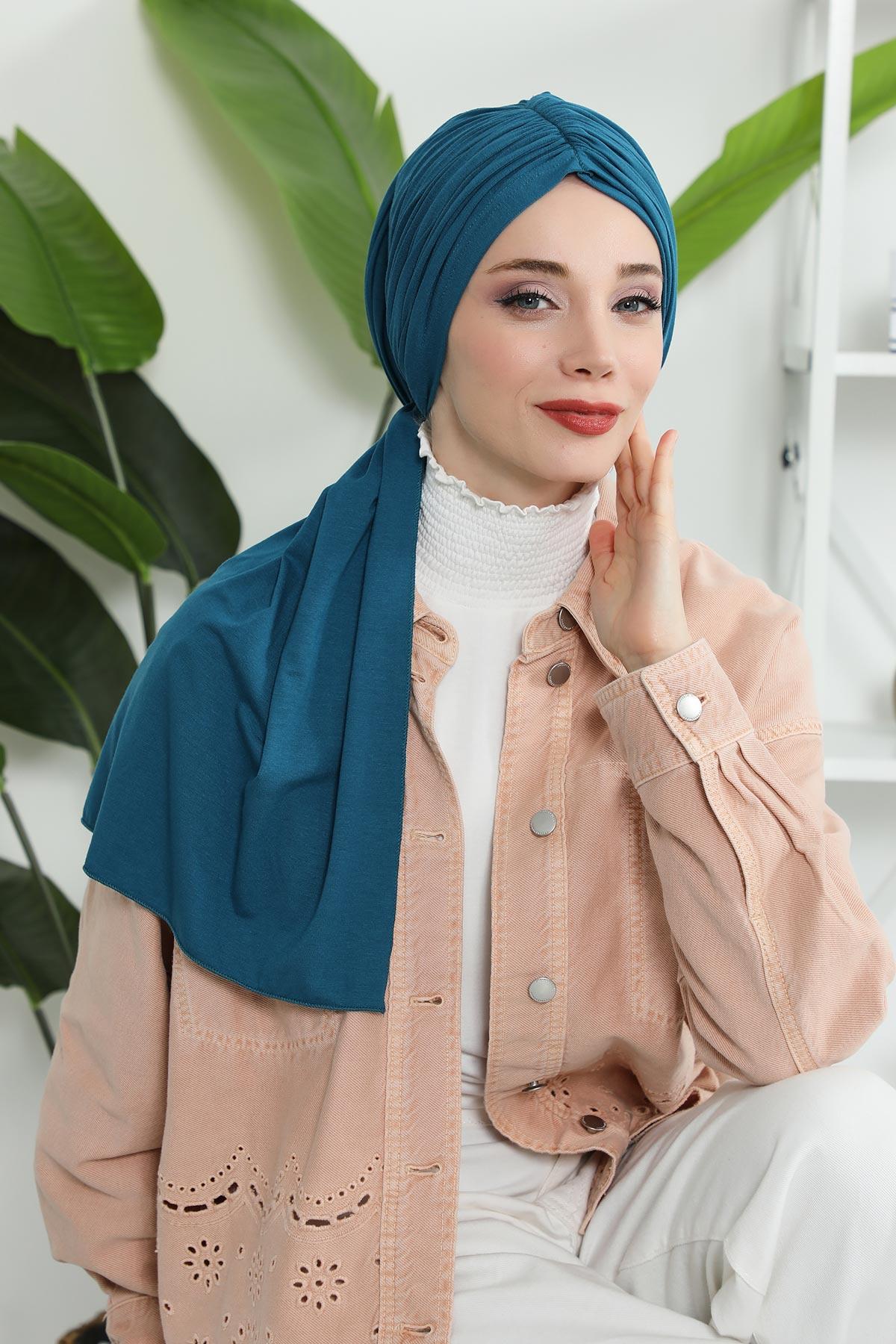 Premium Jersey Shawl Hijab for Women, Easy to Wear Cotton Headscarf, Lightweight and Breathable Instant Jersey Shawl, Mother's Day Gift,BT-1 Petrol Blue