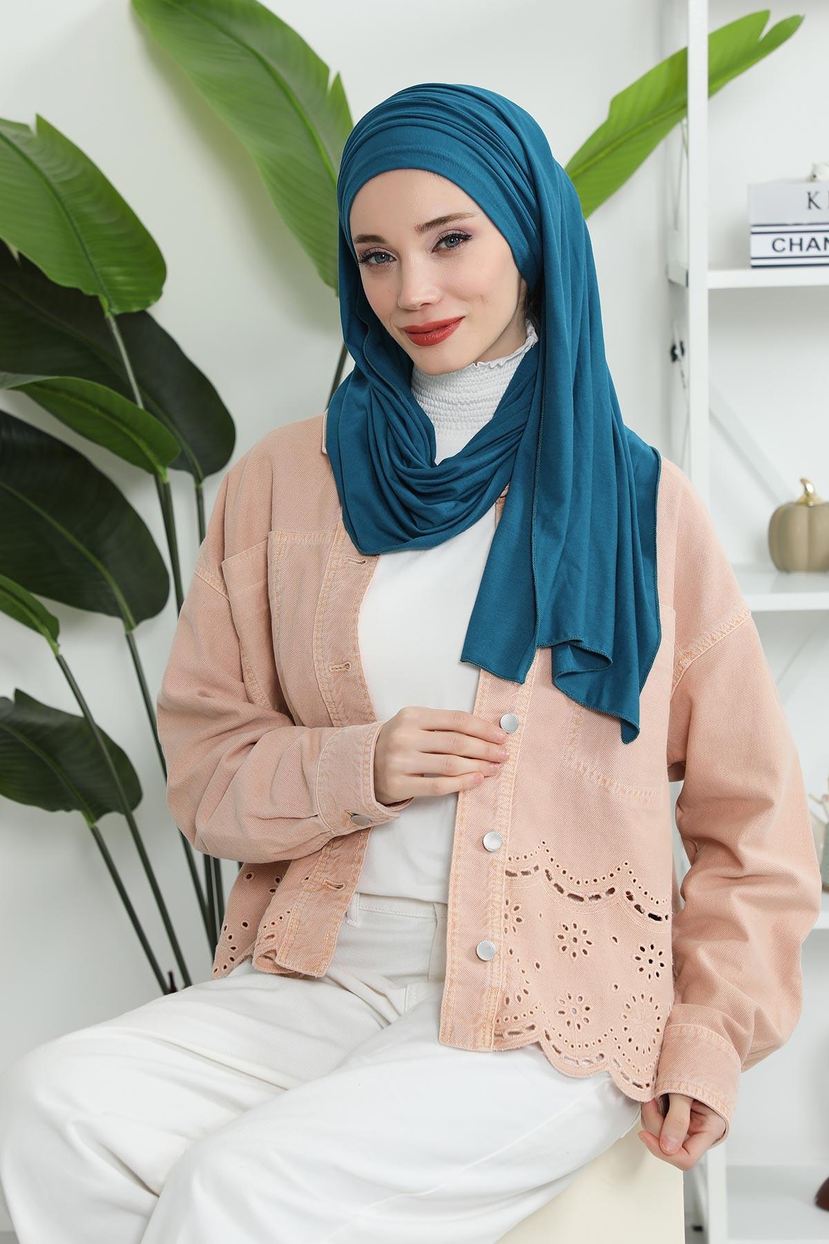 Premium Jersey Shawl Hijab for Women, Easy to Wear Cotton Headscarf, Lightweight and Breathable Instant Jersey Shawl, Mother's Day Gift,BT-1 Petrol Blue