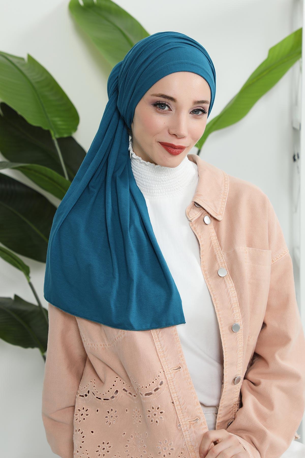 Premium Jersey Shawl Hijab for Women, Easy to Wear Cotton Headscarf, Lightweight and Breathable Instant Jersey Shawl, Mother's Day Gift,BT-1 Petrol Blue