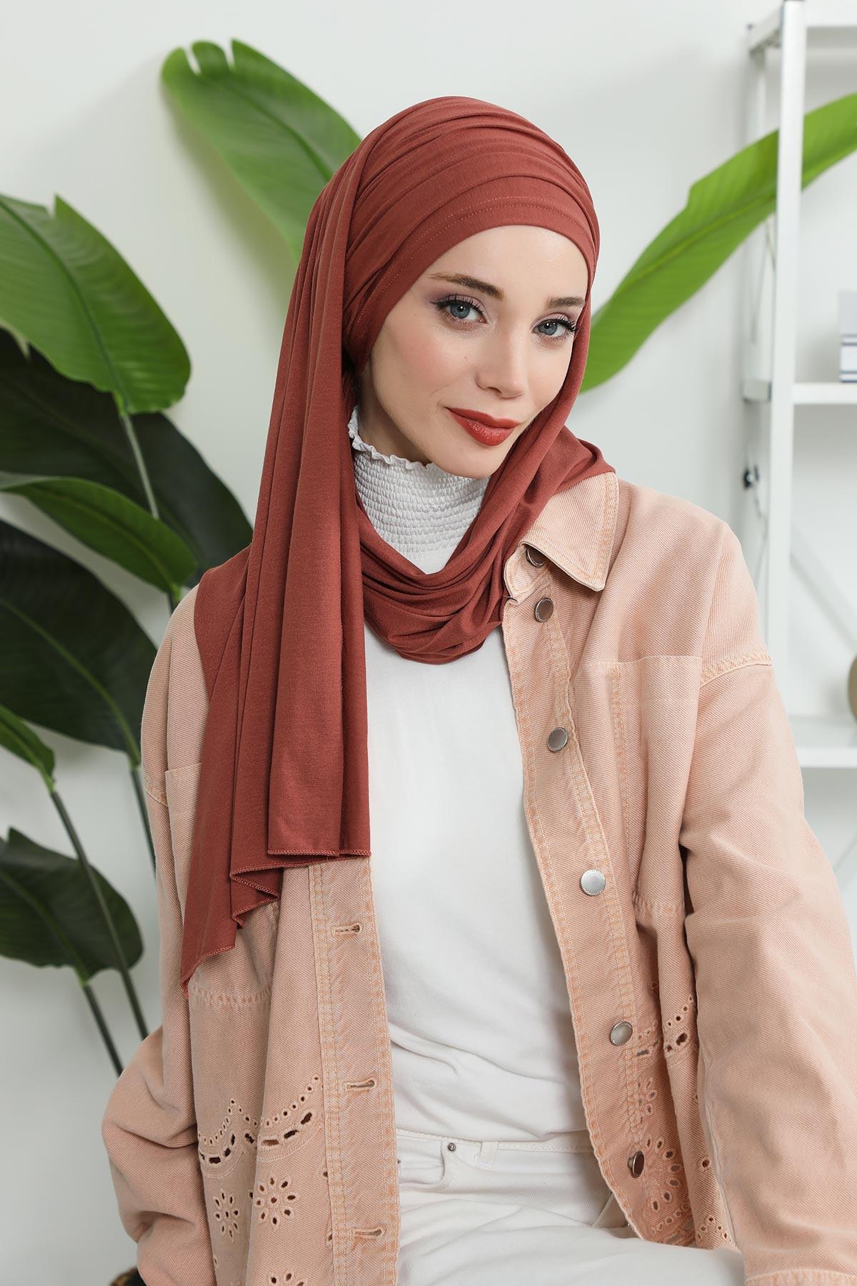 Premium Jersey Shawl Hijab for Women, Easy to Wear Cotton Headscarf, Lightweight and Breathable Instant Jersey Shawl, Mother's Day Gift,BT-1 Cinnamon