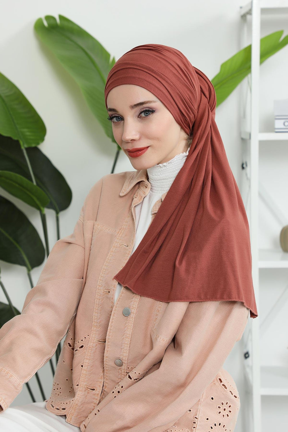 Premium Jersey Shawl Hijab for Women, Easy to Wear Cotton Headscarf, Lightweight and Breathable Instant Jersey Shawl, Mother's Day Gift,BT-1 Cinnamon