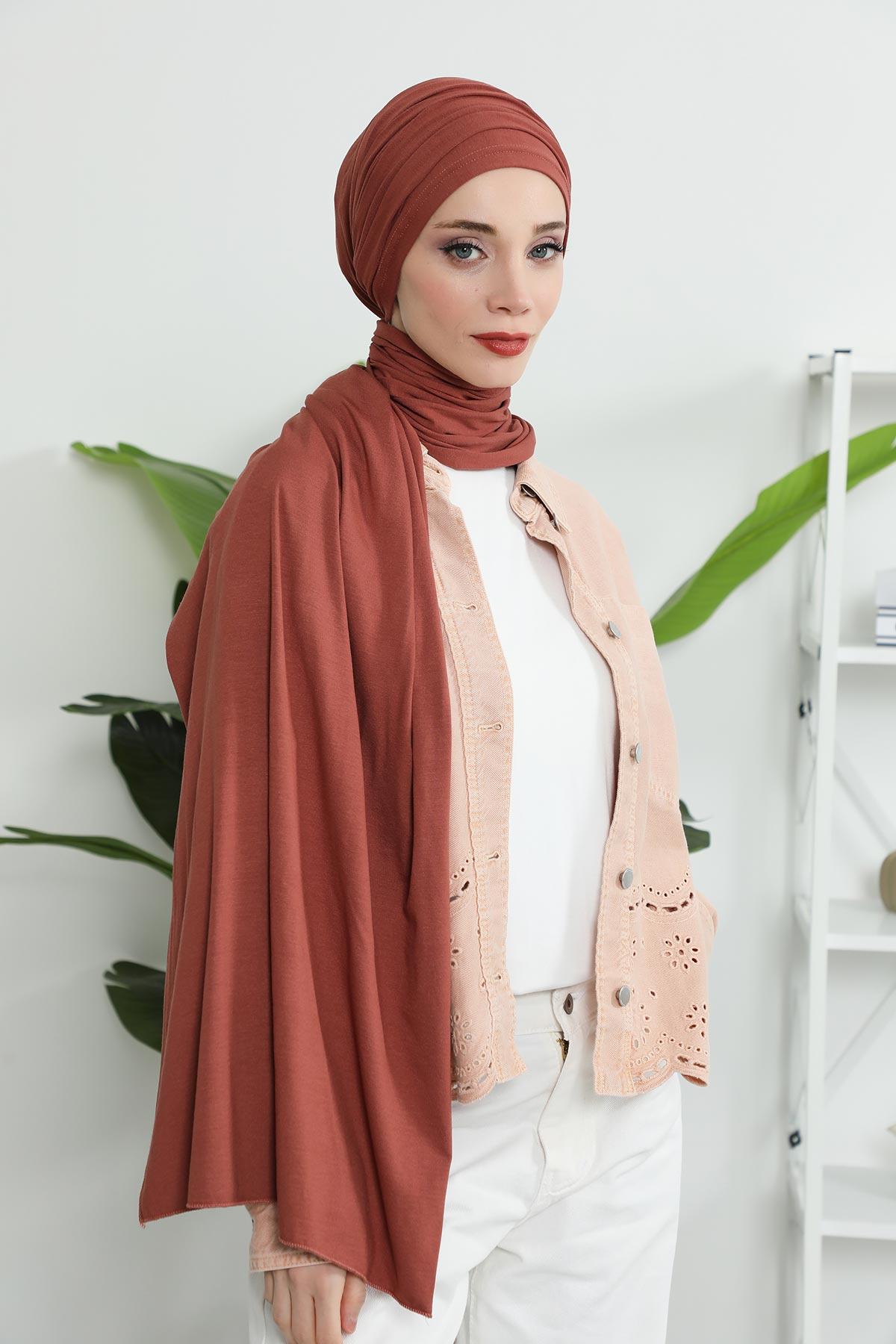 Premium Jersey Shawl Hijab for Women, Easy to Wear Cotton Headscarf, Lightweight and Breathable Instant Jersey Shawl, Mother's Day Gift,BT-1 Cinnamon