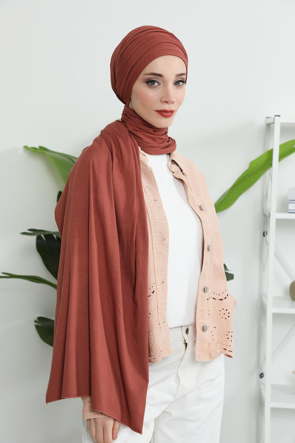 Premium Jersey Shawl Hijab for Women, Easy to Wear Cotton Headscarf, Lightweight and Breathable Instant Jersey Shawl, Mother's Day Gift,BT-1 Cinnamon