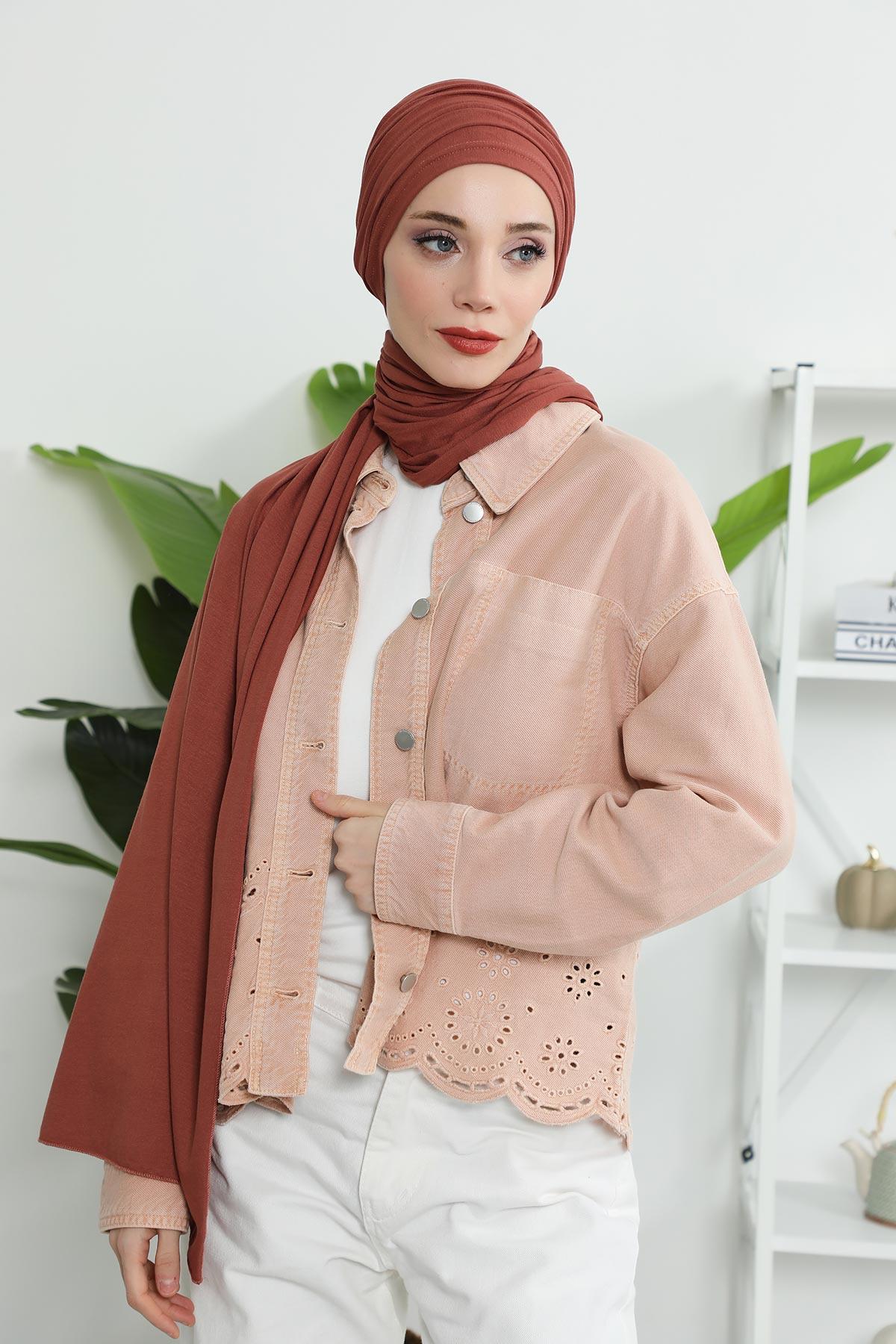 Premium Jersey Shawl Hijab for Women, Easy to Wear Cotton Headscarf, Lightweight and Breathable Instant Jersey Shawl, Mother's Day Gift,BT-1 Cinnamon