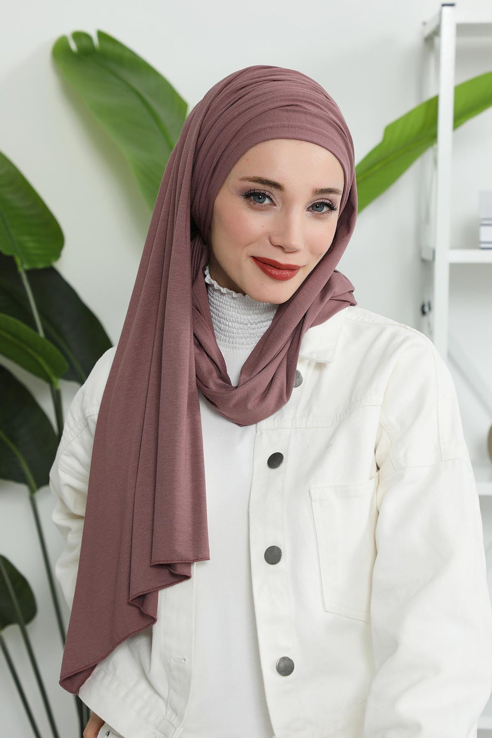 Premium Jersey Shawl Hijab for Women, Easy to Wear Cotton Headscarf, Lightweight and Breathable Instant Jersey Shawl, Mother's Day Gift,BT-1 Dusty Rose