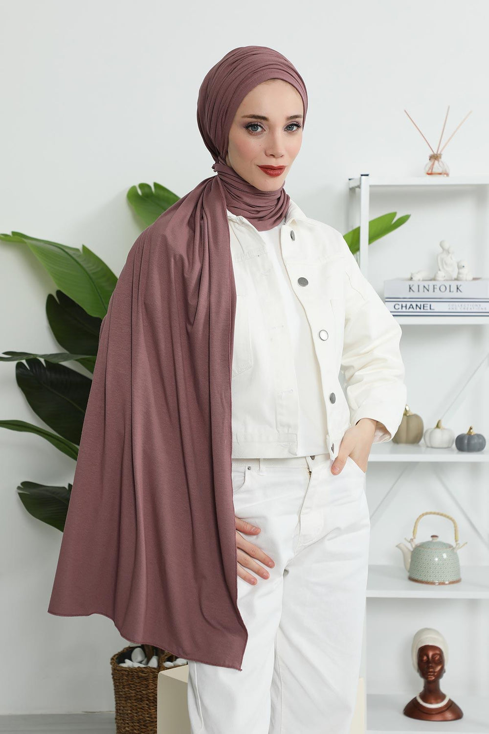Premium Jersey Shawl Hijab for Women, Easy to Wear Cotton Headscarf, Lightweight and Breathable Instant Jersey Shawl, Mother's Day Gift,BT-1 Dusty Rose
