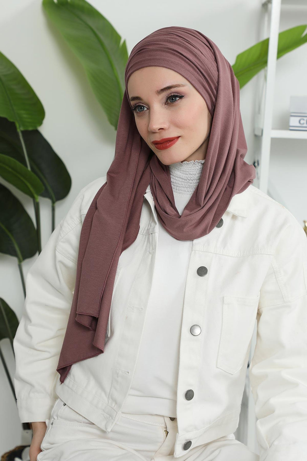 Premium Jersey Shawl Hijab for Women, Easy to Wear Cotton Headscarf, Lightweight and Breathable Instant Jersey Shawl, Mother's Day Gift,BT-1 Dusty Rose
