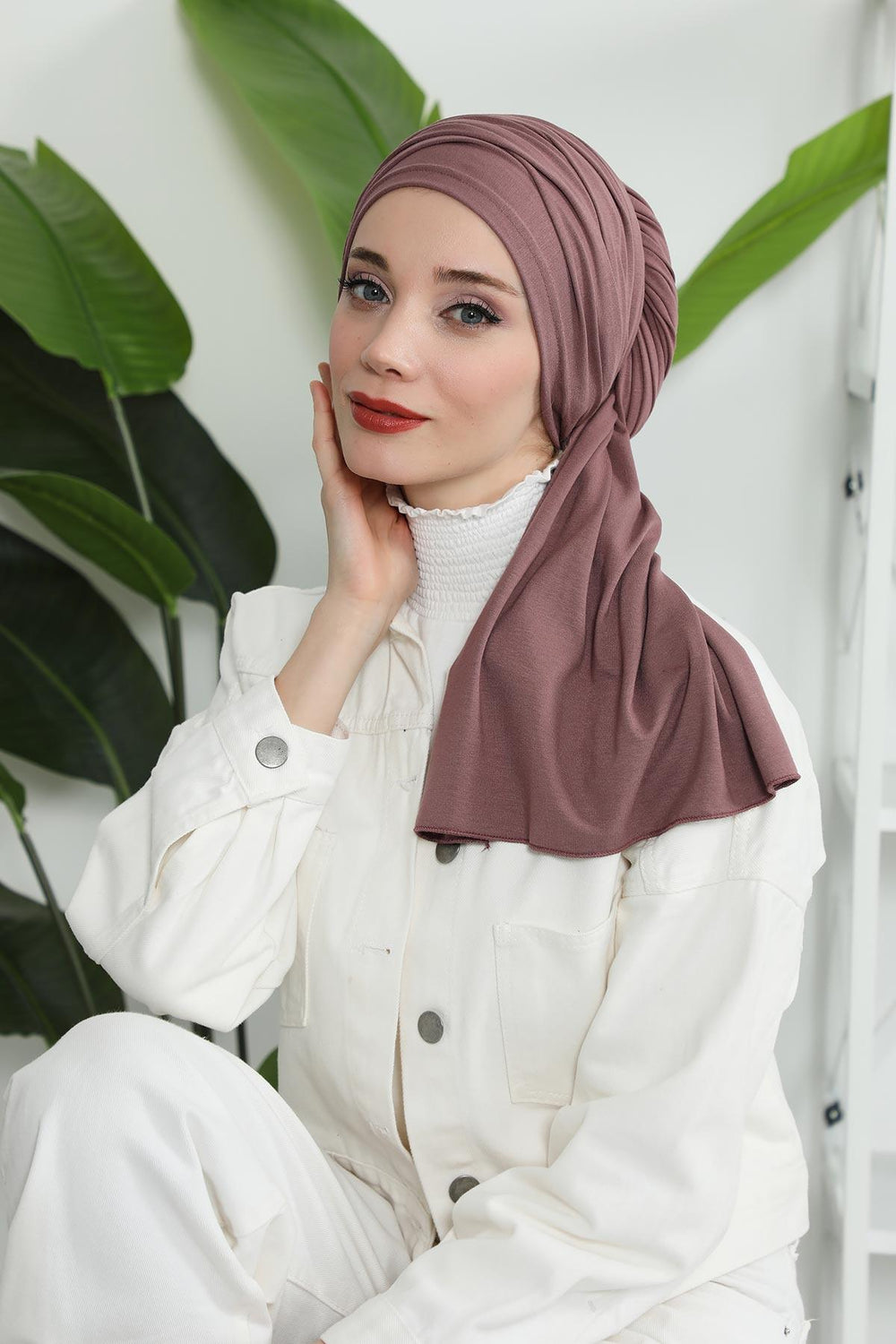 Premium Jersey Shawl Hijab for Women, Easy to Wear Cotton Headscarf, Lightweight and Breathable Instant Jersey Shawl, Mother's Day Gift,BT-1 Dusty Rose