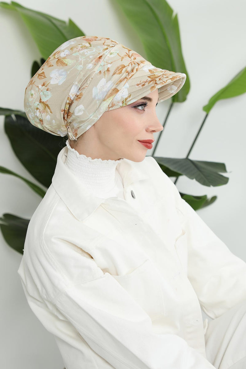 Printed Cotton Visor Women Turban Hat, Sun Protective Newsboy Hat for Women, 95% Cotton Plain Casual Hijab Bonnet Chemo Cap,B-73YD