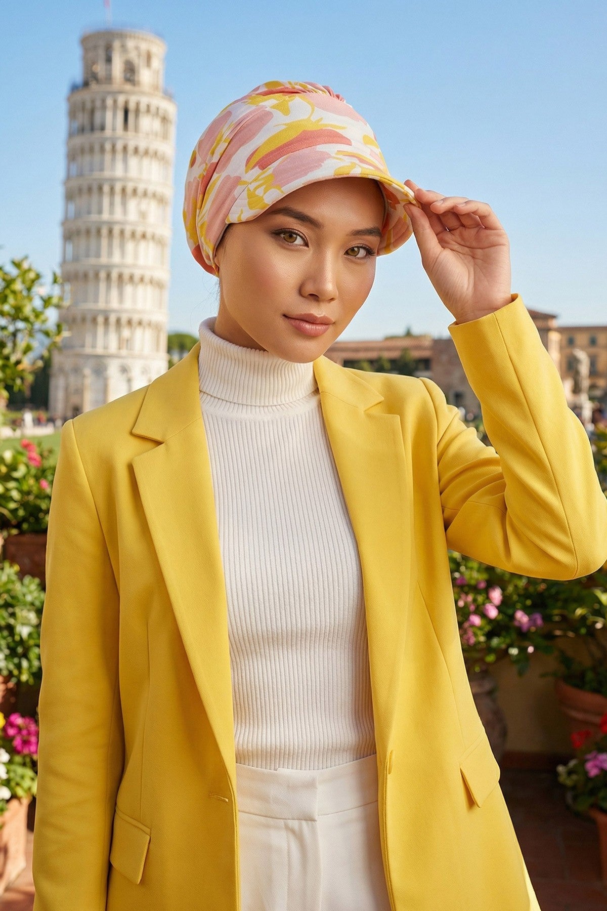 Printed Cotton Visor Women Turban Hat, Sun Protective Newsboy Hat for Women, 95% Cotton Plain Casual Hijab Bonnet Chemo Cap,B-73YD Floral Sunrise
