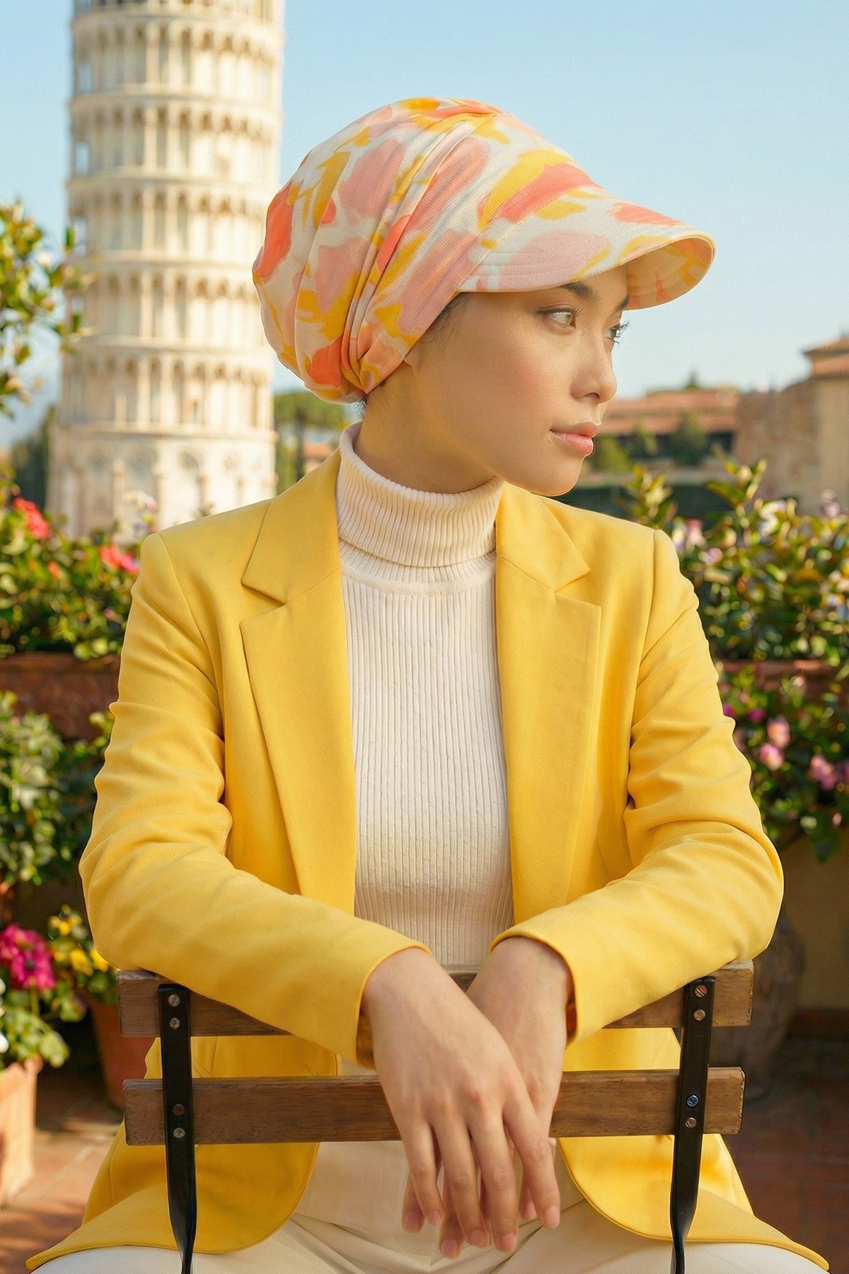 Printed Cotton Visor Women Turban Hat, Sun Protective Newsboy Hat for Women, 95% Cotton Plain Casual Hijab Bonnet Chemo Cap,B-73YD Floral Sunrise