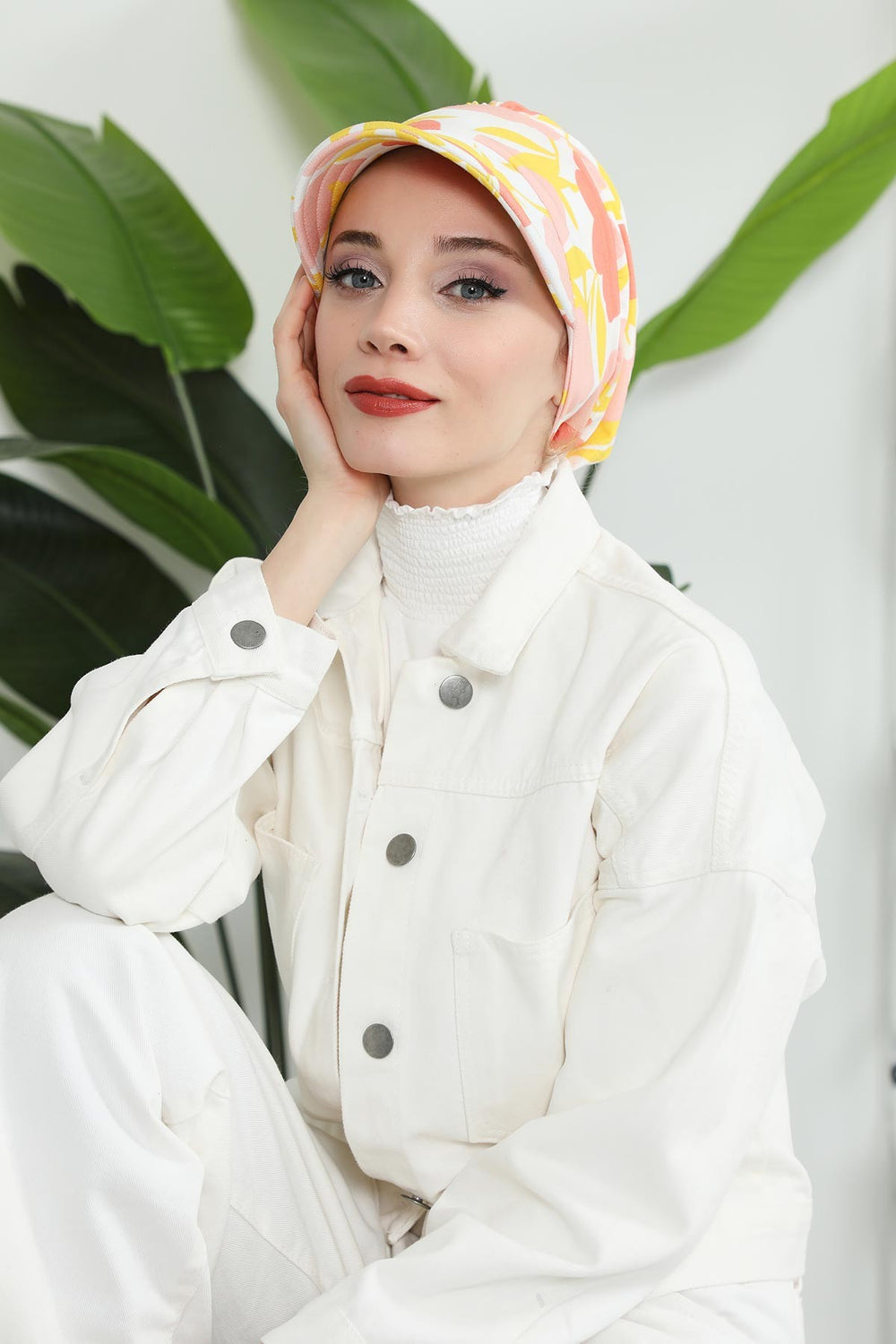 Printed Cotton Visor Women Turban Hat, Sun Protective Newsboy Hat for Women, 95% Cotton Plain Casual Hijab Bonnet Chemo Cap,B-73YD Floral Sunrise