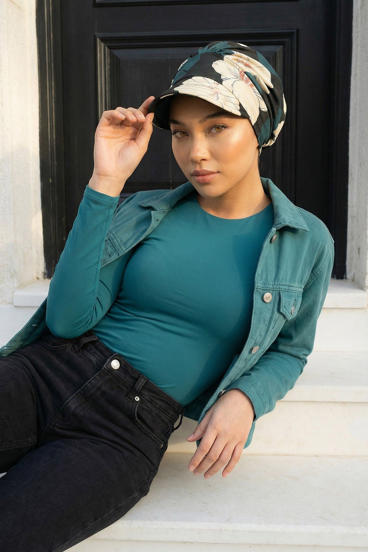 Printed Cotton Visor Women Turban Hat, Sun Protective Newsboy Hat for Women, 95% Cotton Plain Casual Hijab Bonnet Chemo Cap,B-73YD Midnight Blossoms