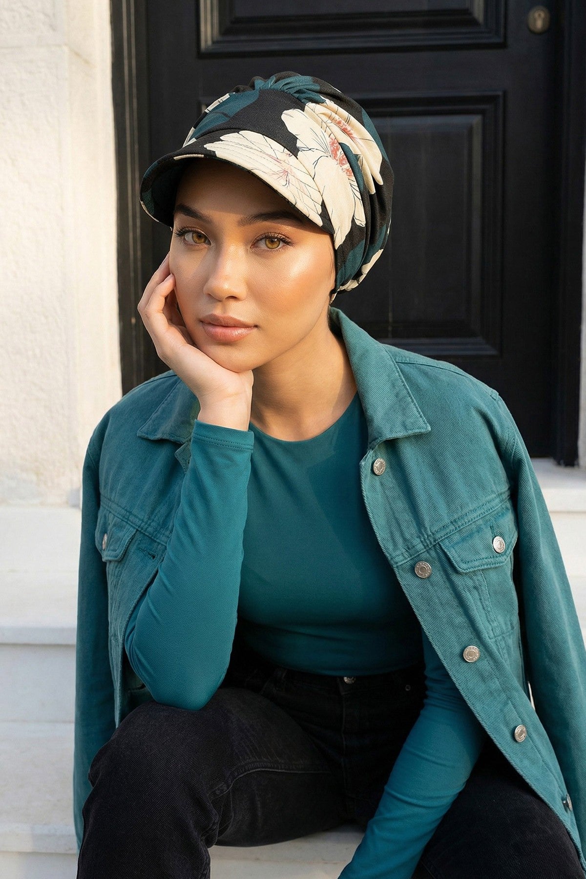 Printed Cotton Visor Women Turban Hat, Sun Protective Newsboy Hat for Women, 95% Cotton Plain Casual Hijab Bonnet Chemo Cap,B-73YD Midnight Blossoms