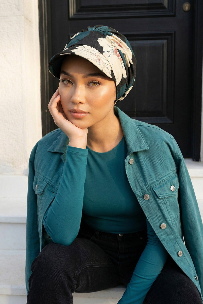 Printed Cotton Visor Women Turban Hat, Sun Protective Newsboy Hat for Women, 95% Cotton Plain Casual Hijab Bonnet Chemo Cap,B-73YD