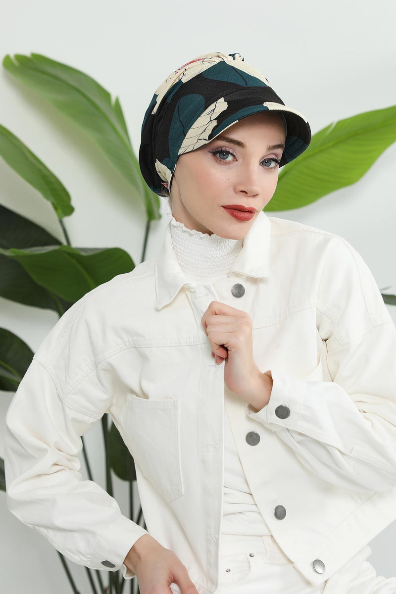 Printed Cotton Visor Women Turban Hat, Sun Protective Newsboy Hat for Women, 95% Cotton Plain Casual Hijab Bonnet Chemo Cap,B-73YD