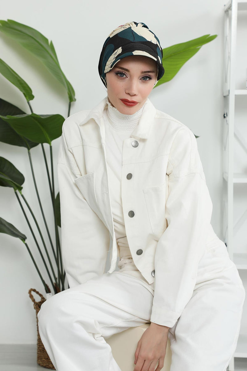 Printed Cotton Visor Women Turban Hat, Sun Protective Newsboy Hat for Women, 95% Cotton Plain Casual Hijab Bonnet Chemo Cap,B-73YD