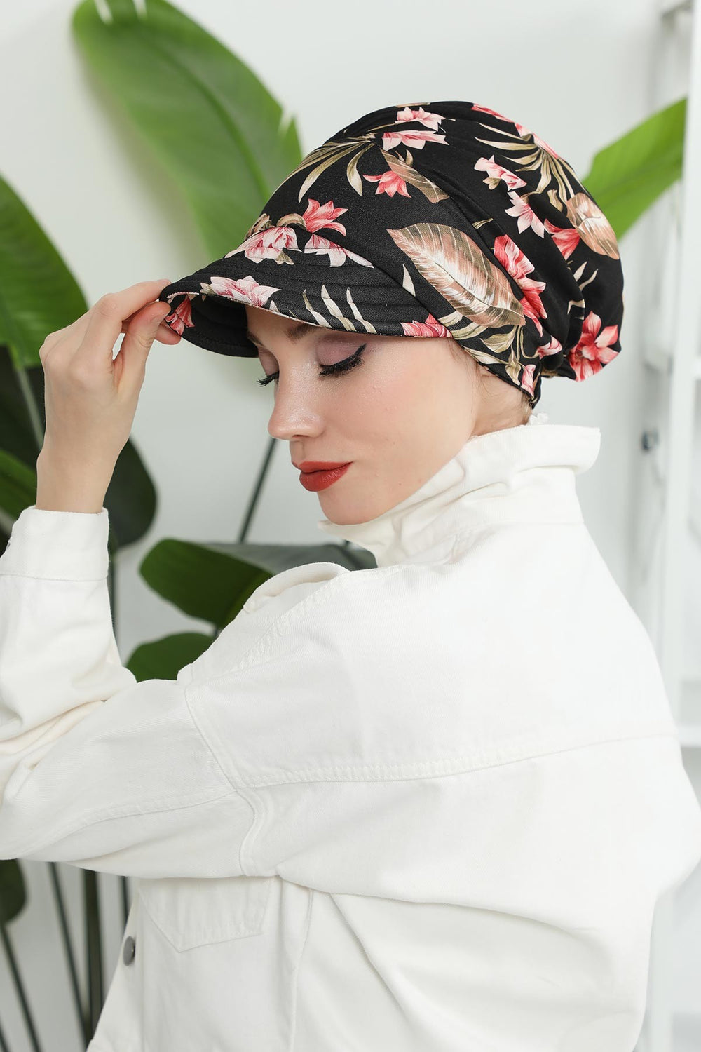 Printed Cotton Visor Women Turban Hat, Sun Protective Newsboy Hat for Women, 95% Cotton Plain Casual Hijab Bonnet Chemo Cap,B-73YD Dark Forest