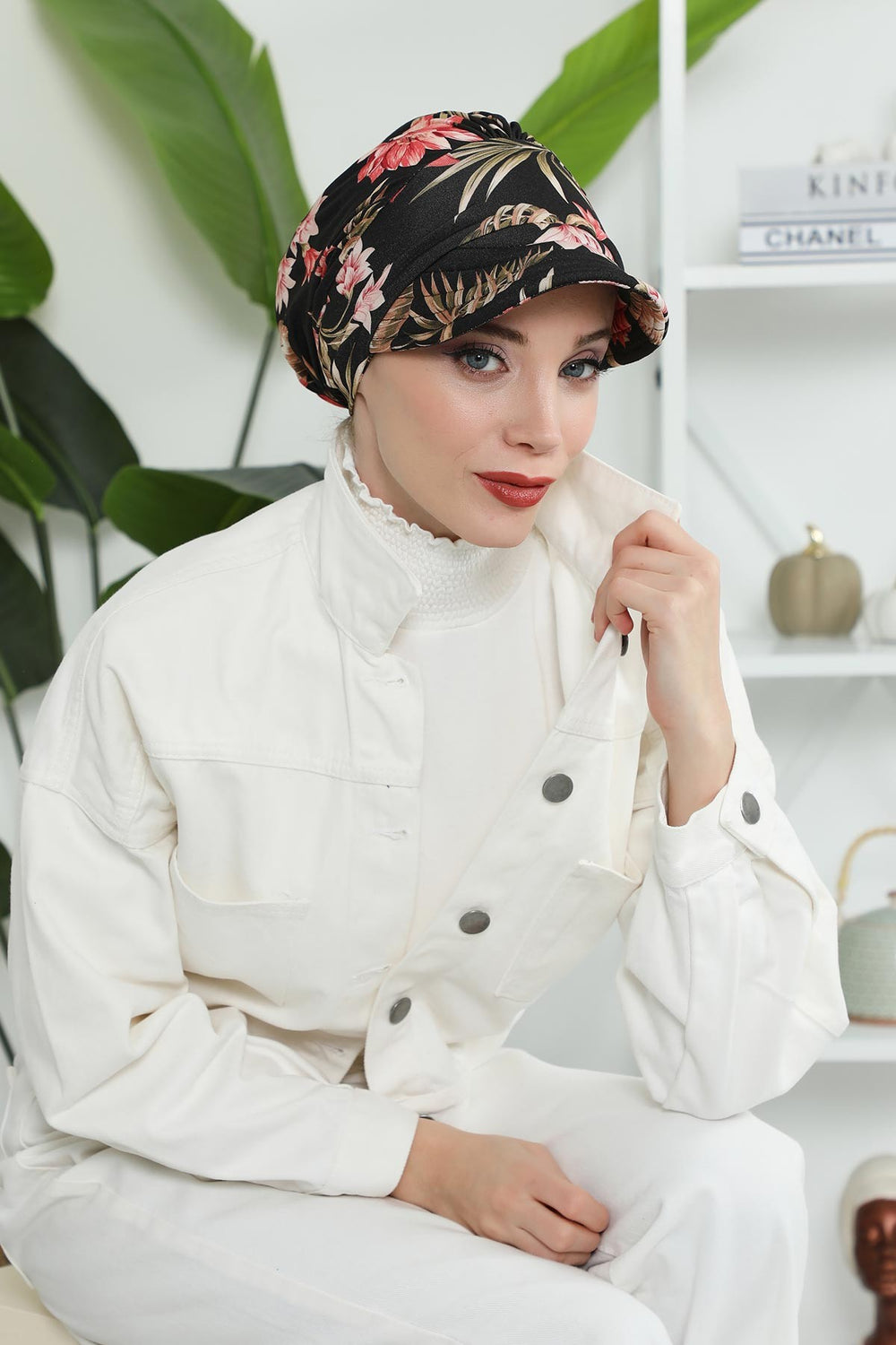 Printed Cotton Visor Women Turban Hat, Sun Protective Newsboy Hat for Women, 95% Cotton Plain Casual Hijab Bonnet Chemo Cap,B-73YD Dark Forest