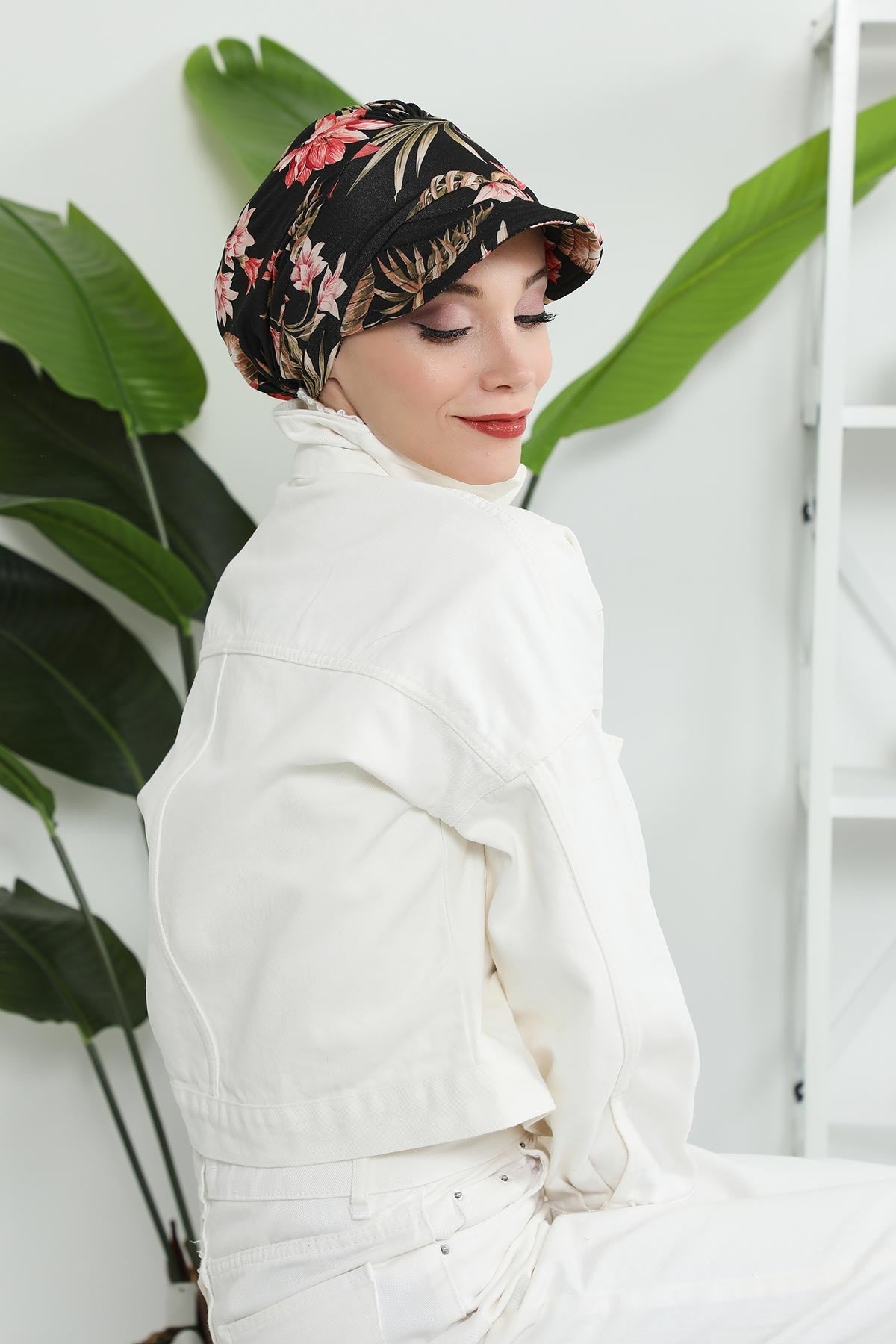 Printed Cotton Visor Women Turban Hat, Sun Protective Newsboy Hat for Women, 95% Cotton Plain Casual Hijab Bonnet Chemo Cap,B-73YD Dark Forest