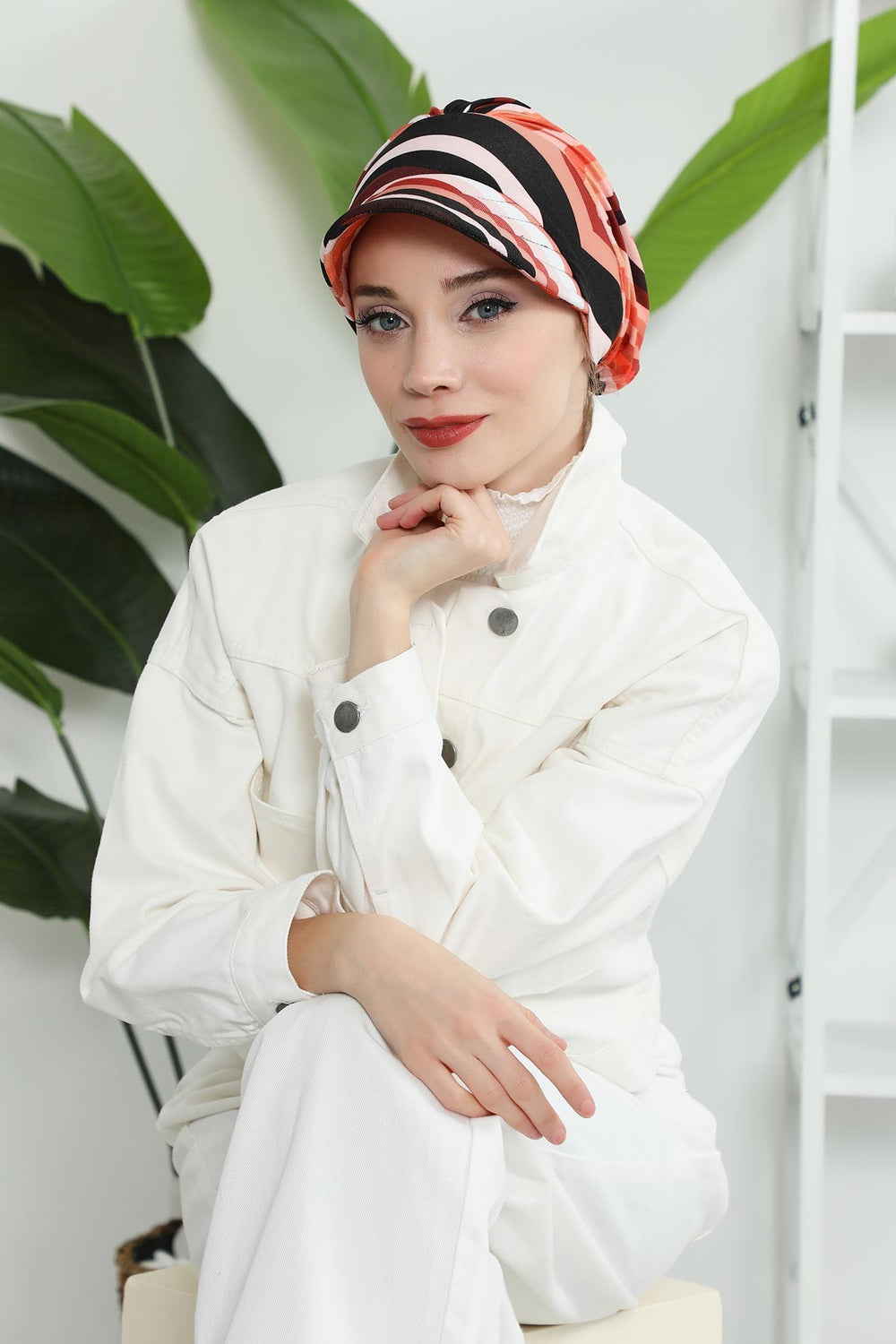 Printed Cotton Visor Women Turban Hat, Sun Protective Newsboy Hat for Women, 95% Cotton Plain Casual Hijab Bonnet Chemo Cap,B-73YD Retro Waves