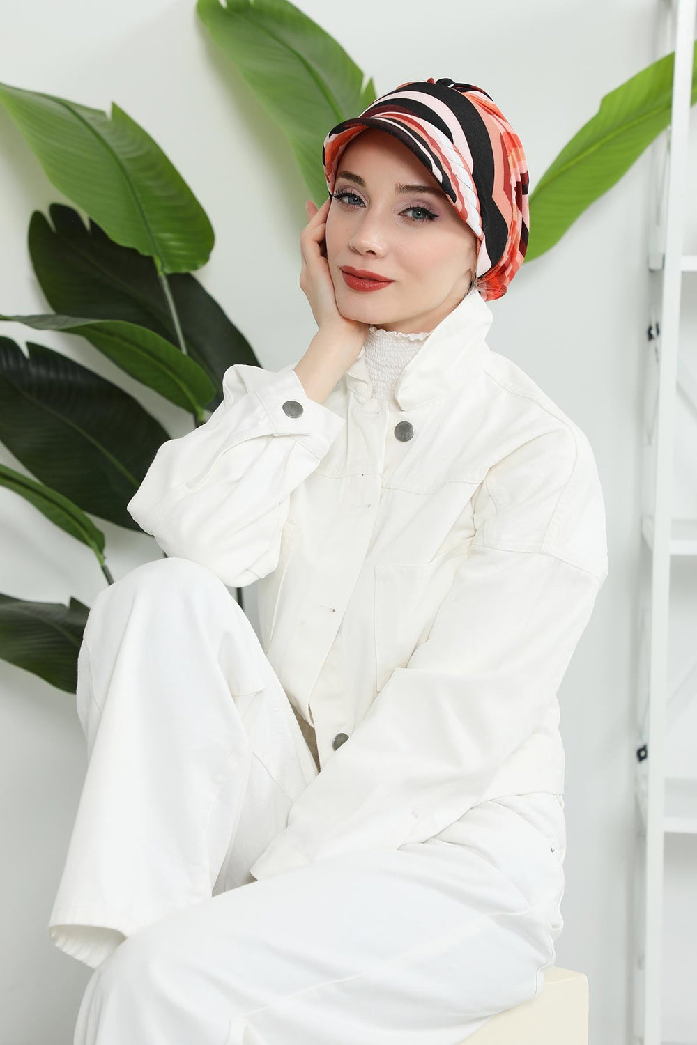 Printed Cotton Visor Women Turban Hat, Sun Protective Newsboy Hat for Women, 95% Cotton Plain Casual Hijab Bonnet Chemo Cap,B-73YD Retro Waves
